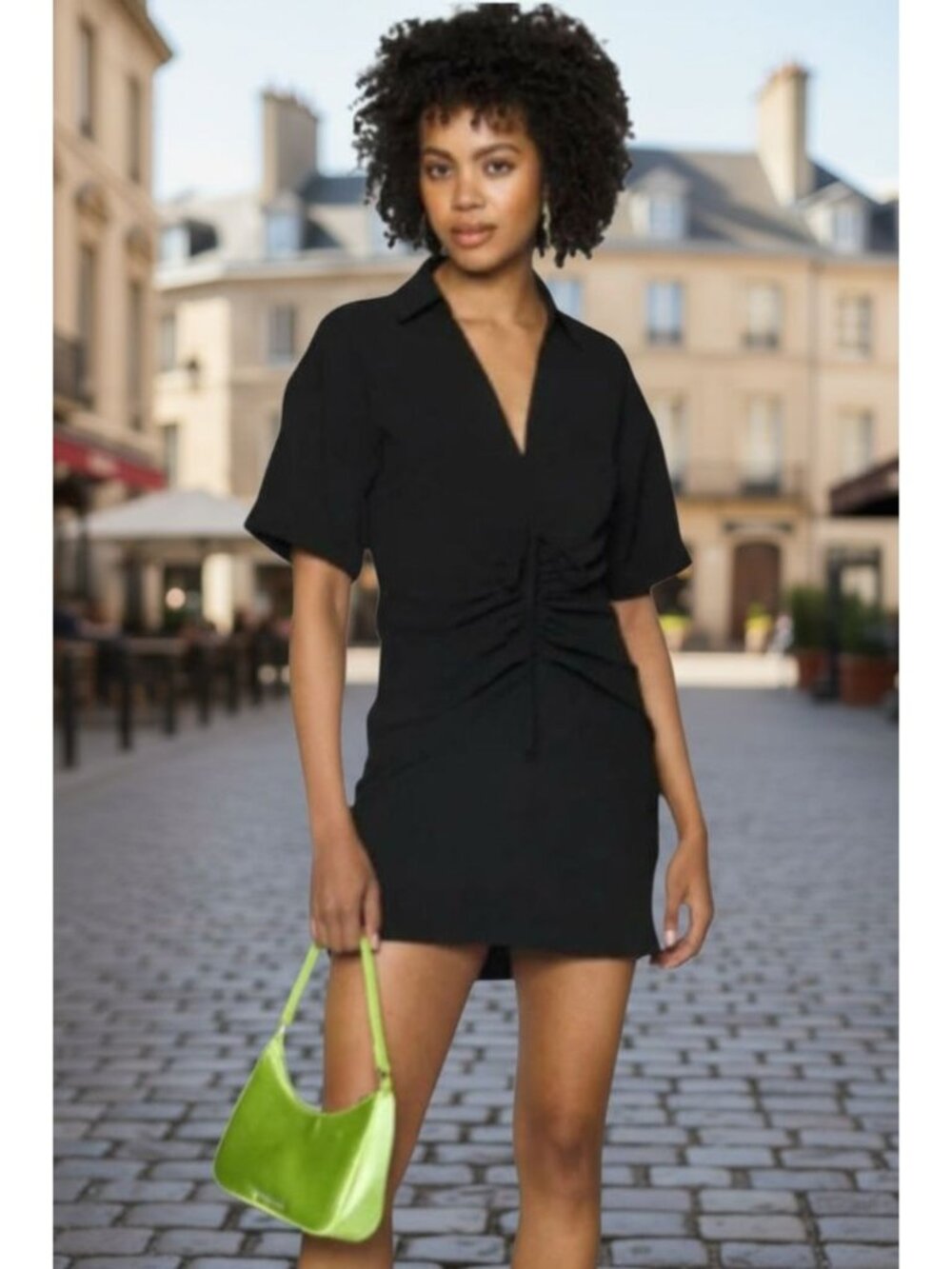 Noisy May Black Short-Sleeve Ruched Polo Dress Size M